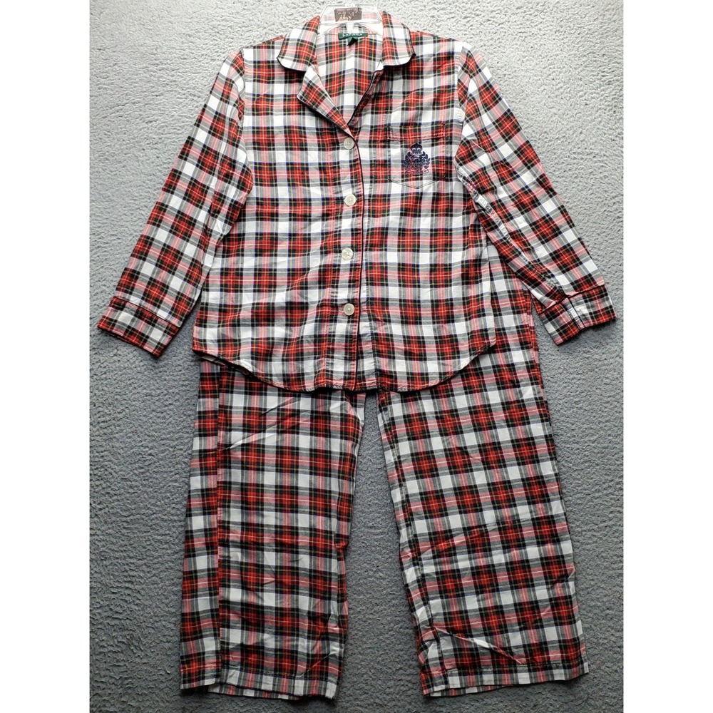 Lauren Ralph Lauren Pajama Set Women M Multi Plaid Embroidered Logo Button Front